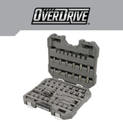 Craftsman socket set CMMT99080L in gray hard case with assorted sockets and ratchets, front angle.