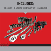 Craftsman socket and ratchet set CMMT99080L with 39 sockets, 2 ratchets, 35 bits, 4 accessories, angled on red.