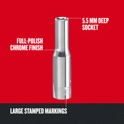 Craftsman 5.5 mm deep socket with full-polish chrome finish and large stamped markings, CMMT99104, front angle.
