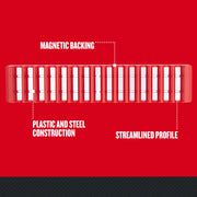 Photo of Craftsman CMMT99418 graphics showing a red magnetic socket organizer bar with plastic and steel construction, streamlined profile, and labeled features, front view.