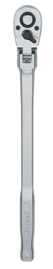 Photo of a Craftsman CMMT99430 long-handle flex head ratchet, silver finish, tool facing up, white background.