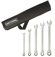 Craftsman CMMT99756 ratcheting combination wrench set with five silver wrenches and black carrying pouch, angled view.