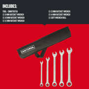 Craftsman CMMT99756 graphics of five ratchet wrenches and black wrench roll, flat lay on red background.
