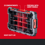 Craftsman CMST17828 graphics case with clear heavy-duty lid, 20 compartments, red handle, angled view.