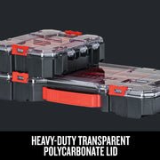 CRAFTSMAN CMST17828 organizer box with transparent polycarbonate lid, angled side view, black and red accents.