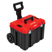 Photo of Craftsman rolling toolbox, SKU CMST17835, black and red with telescoping handle and wheels, angled view.
