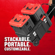 Craftsman stackable portable tool boxes with red lids on rolling cart, product CMST17870.