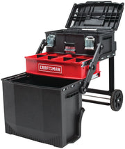 Craftsman CMST20880 rolling tool box with open top, red tray organizer, and large black bottom bin, front angle.