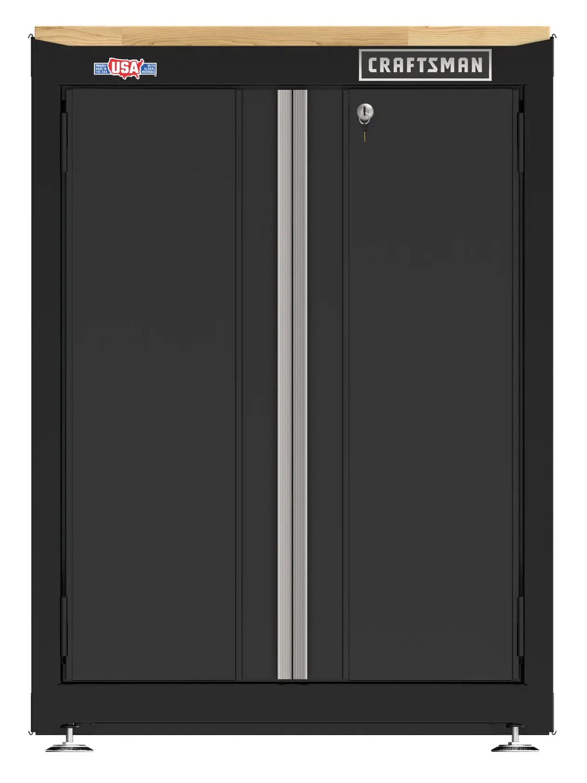 Front view of Craftsman CMST22603BK black metal storage cabinet with wood top and lockable doors.