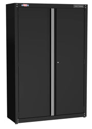 A black metal storage cabinet with double doors and a lock, labeled with the Craftsman brand.