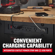 Craftsman CMST27202BK workbench with integrated 6-outlet power strip and 2 USB ports, close-up of power panel.