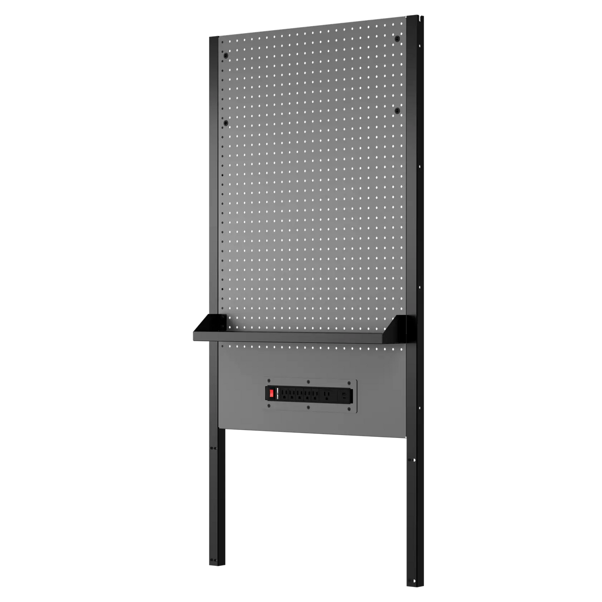 A freestanding black and gray metal pegboard with a small built-in shelf and a power strip attached below the shelf. The pegboard has evenly spaced holes for attaching hooks and tools, and is supported by two vertical legs.