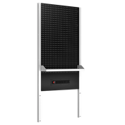 A freestanding black pegboard with white metal frame, a utility shelf, and an integrated power strip at the bottom. The pegboard has evenly spaced holes for hooking tools or accessories.