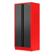 Tall red and black metal storage cabinet with double doors and a lock in the center. The cabinet is branded with a Craftsman logo at the top and has ventilation holes on the side.