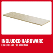 Wooden rectangular shelf with included hardware, ready for assembly, shown on a red background.