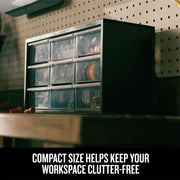 Craftsman organizer CMST40709 with nine clear drawers storing small items, shown on a workshop counter.