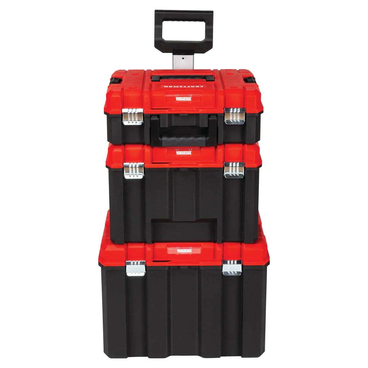 Photo of Craftsman CMST60406 stackable black and red plastic toolboxes with top handle, front view.