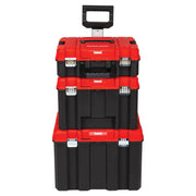 Photo of Craftsman CMST60406 stackable black and red plastic toolboxes with top handle, front view.