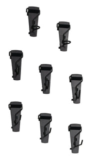 Photo of eight black Craftsman hooks, SKU CMST82617VT, wall accessory set, front angle on white background.