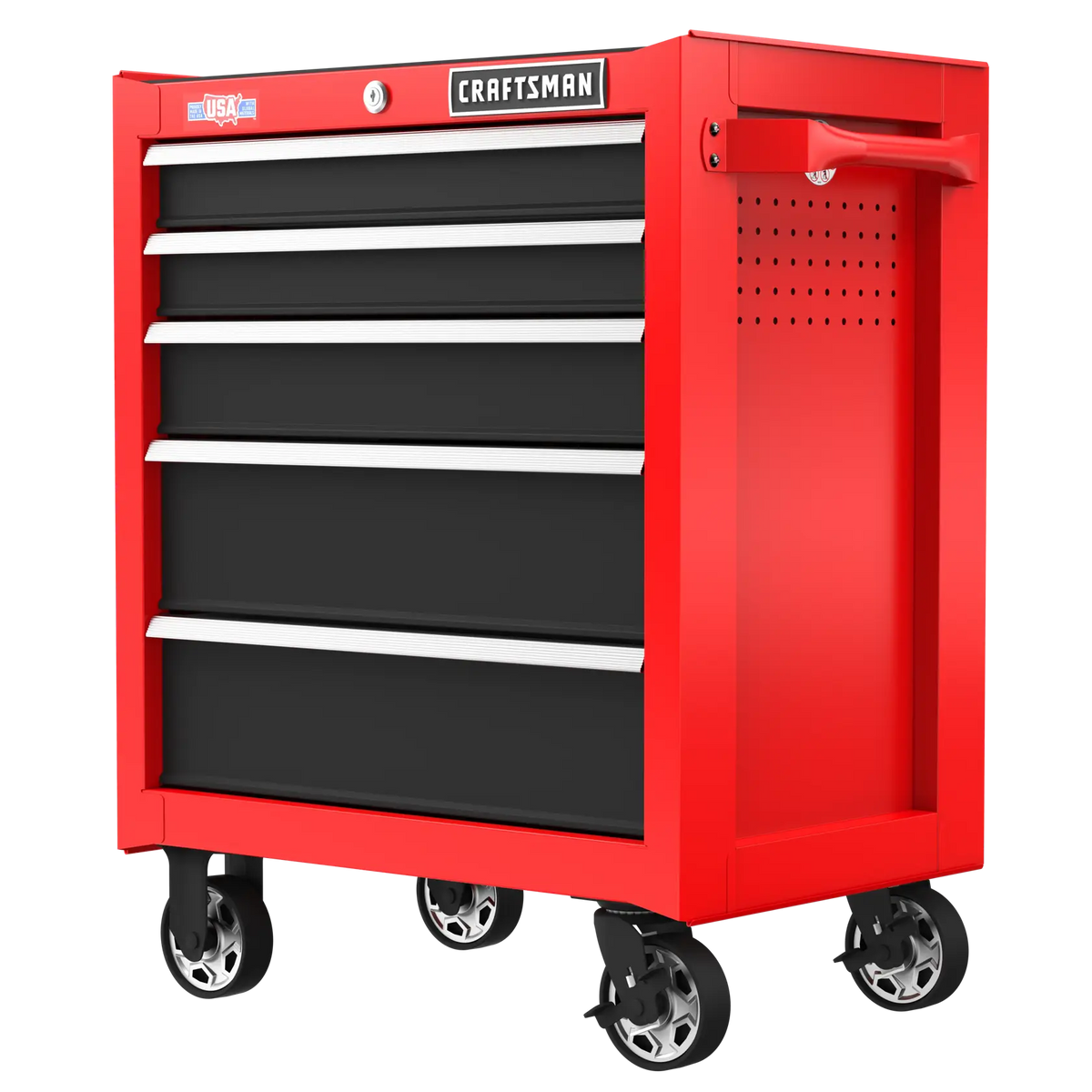 Photo of Craftsman red rolling tool chest with five black drawers, SKU CMST98264RB, front angle on white background.