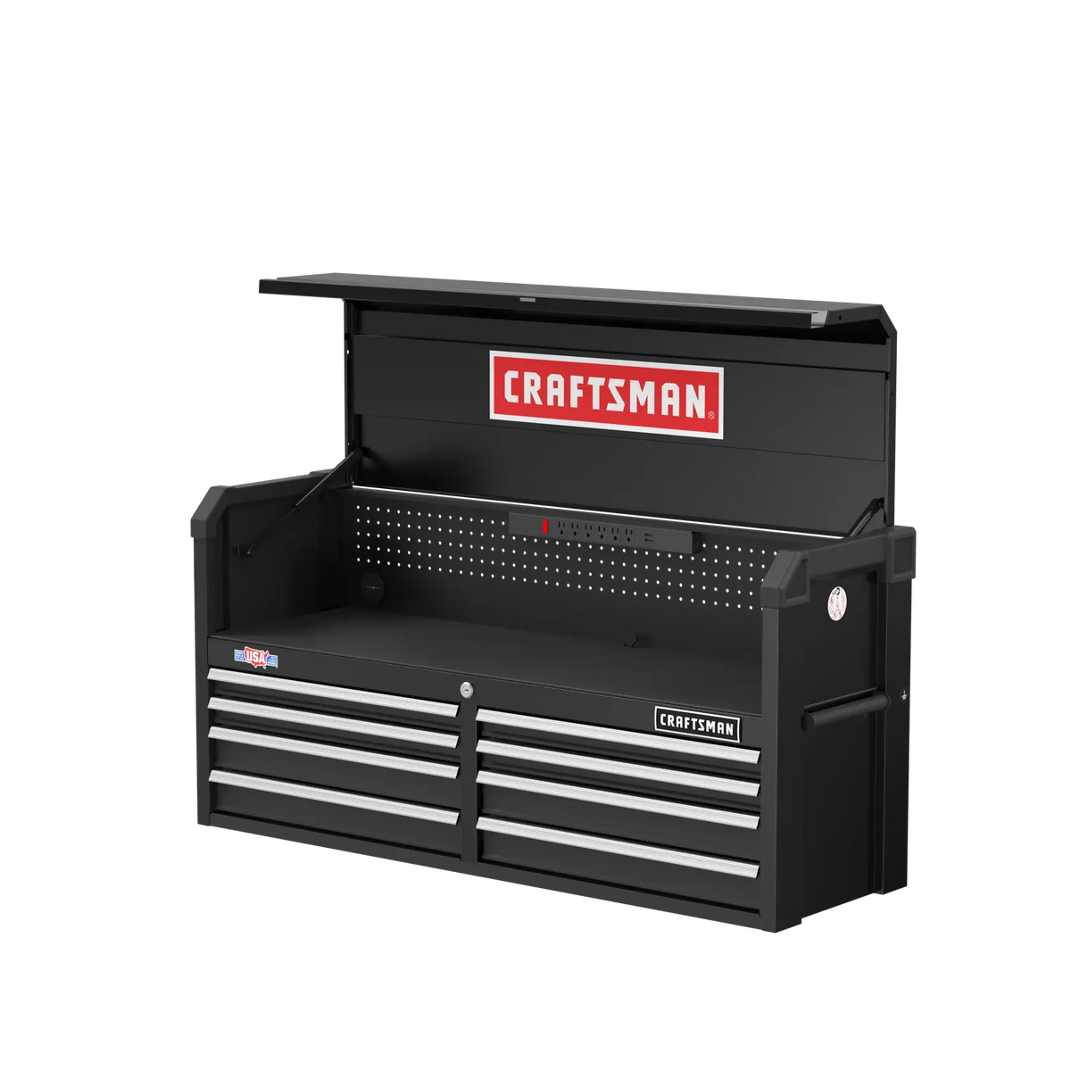 Photo of CRAFTSMAN tool chest CMST98272BK, black with eight drawers, open lid, front angle, workshop storage.