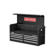 Photo of CRAFTSMAN tool chest CMST98272BK, black with eight drawers, open lid, front angle, workshop storage.