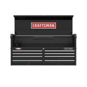 Front angle photo of black Craftsman tool chest CMST98272BK with multiple drawers and pegboard backing.