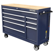 Craftsman blue rolling tool chest CMST98529BB with wood top, eight drawers, front angle photo.