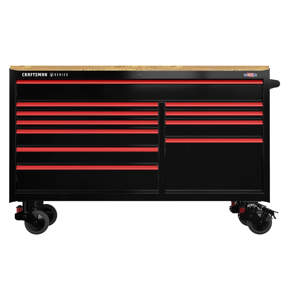A large black and red Craftsman tool chest on wheels with multiple drawers and a wooden worktop.