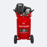 Front angle photo of Craftsman red air compressor CMXECXM301 with wheels and control panel.