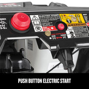 Close-up of Craftsman snow blower control panel with red electric start button, instructions, and control labels, CMXGBAM1054539.