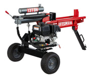 Photo of Craftsman CMXGLXT1301 log splitter, red and black with wheels, 13-ton capacity, side angle on white background.