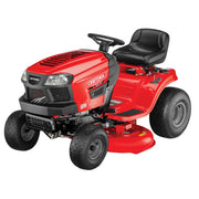 Photo of Craftsman CMXGRAM1130036 red riding lawn mower, side angle on white background.