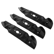 Photo of three black Craftsman lawn mower blades, SKU CMXGZAM110193, on white background, angled view.