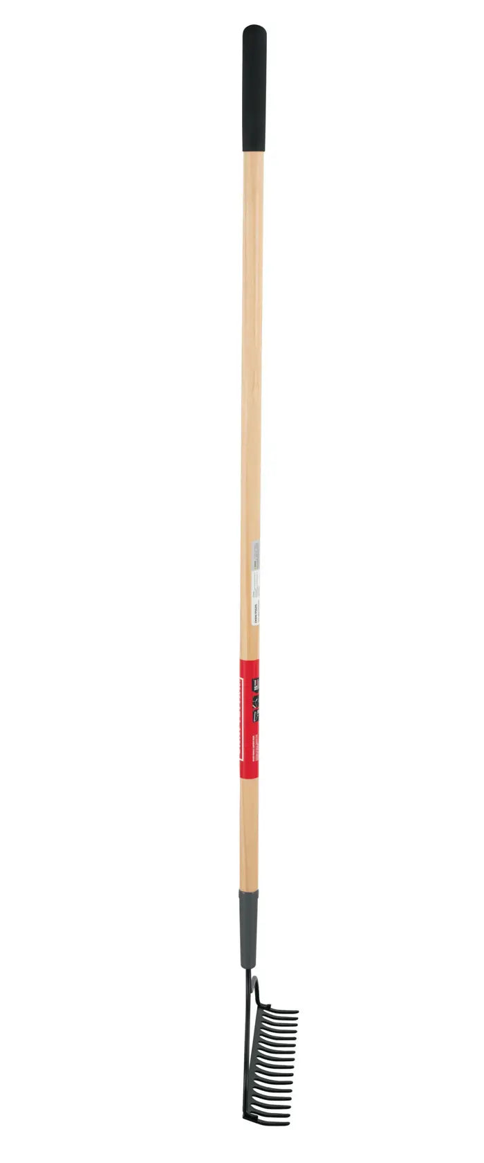 A long-handled garden rake with a wooden handle, black grip at the top, and a black metal head with tines at the bottom, isolated on a white background.