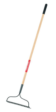 A garden rake with a long wooden handle and a black metal head, viewed against a white background.