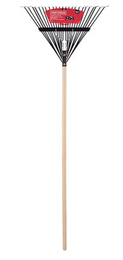 Craftsman leaf rake CMXMLTP35316 with black metal tines and wooden handle, front angle on white background.