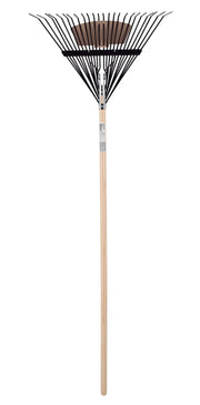 A garden rake with a wooden handle and wide metal tines, typically used for gathering leaves and yard debris.