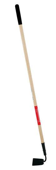 A garden hoe with a long wooden handle and a black metal blade, set against a white background.