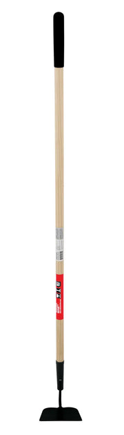A gardening hoe with a long wooden handle, a black rubber grip at the top, and a flat, rectangular metal blade at the bottom. The handle has a red label and product information stickers.