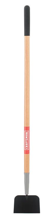 A garden hoe with a wooden handle and a black metal blade, photographed against a white background.