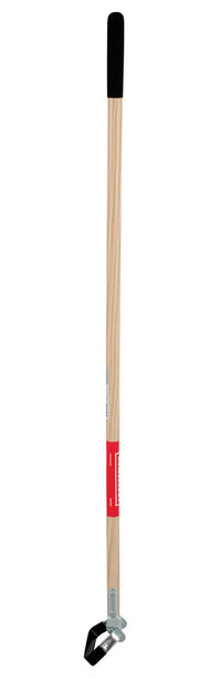 A long-handled garden hoe with a wooden shaft, a black grip at the top, and a metal blade at the bottom, photographed against a white background.