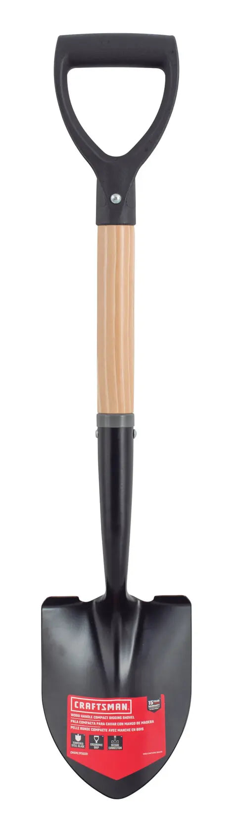 A garden shovel with a wooden handle and black D-shaped grip, featuring a black metal spade with a red label.