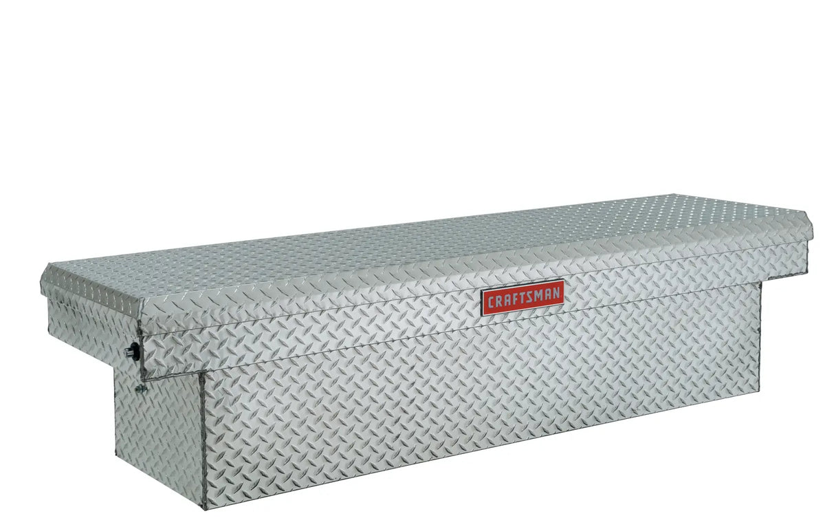 Craftsman CMXTBAK1000901 truck bed tool box, silver diamond plate, angled front on white background.