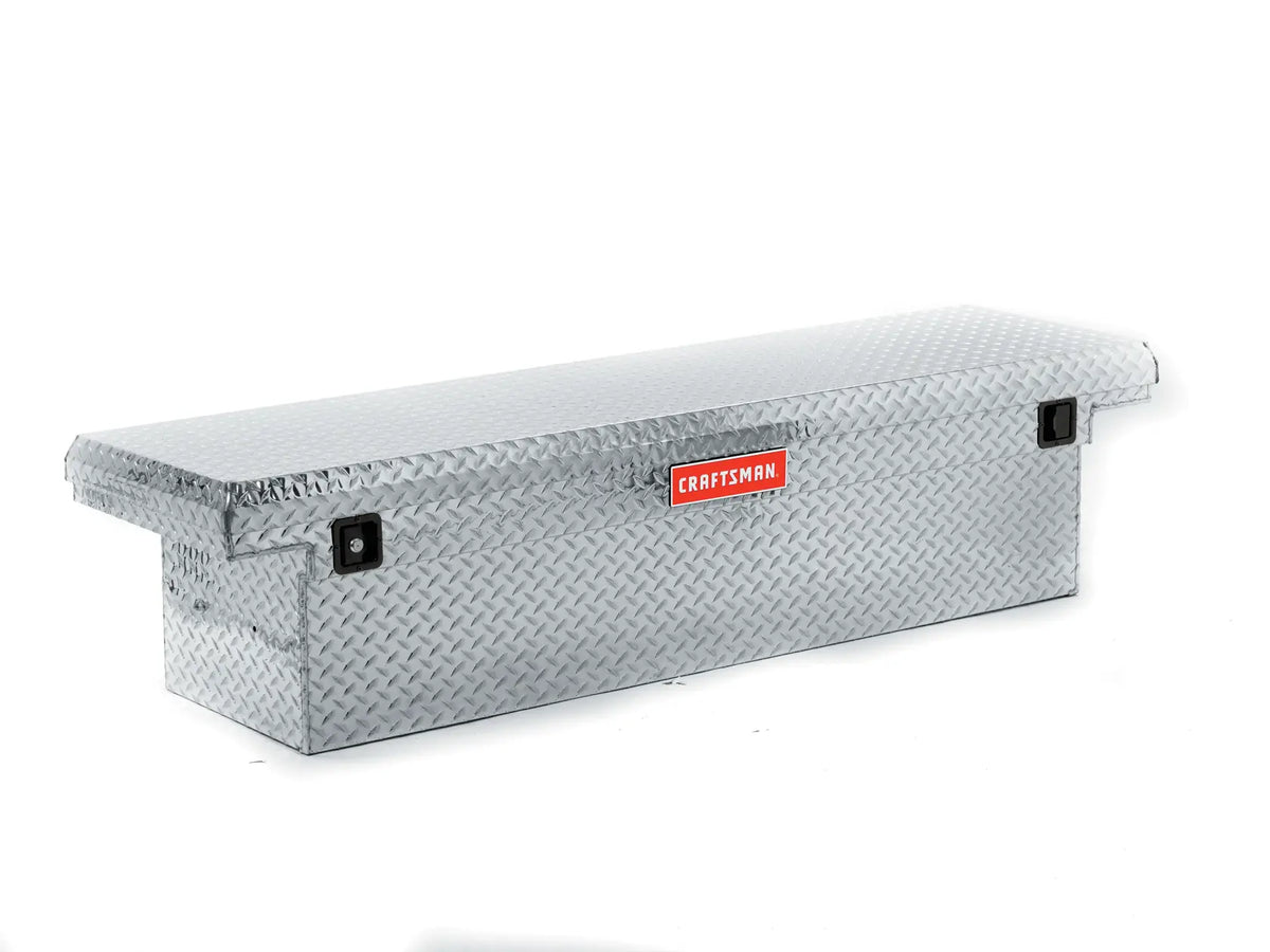 Craftsman CMXTBAK1050901 diamond plate truck tool box, silver, front angle on white background.