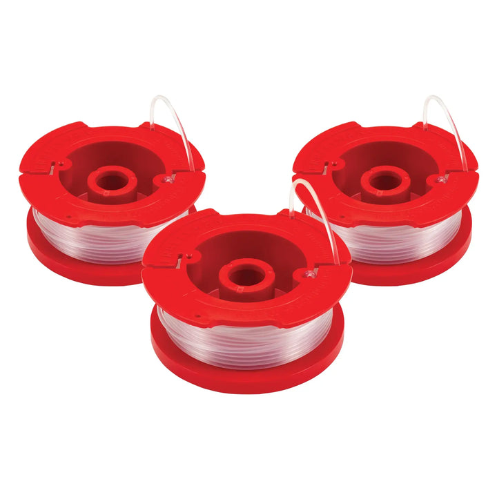 Photo of three Craftsman replacement trimmer line spools, red plastic housing, visible clear line, CMZST0653, front angle.
