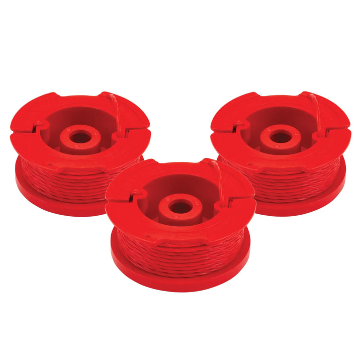 Photo of three CRAFTSMAN red trimmer line spools, SKU CMZST0803, shown from above on a white background.